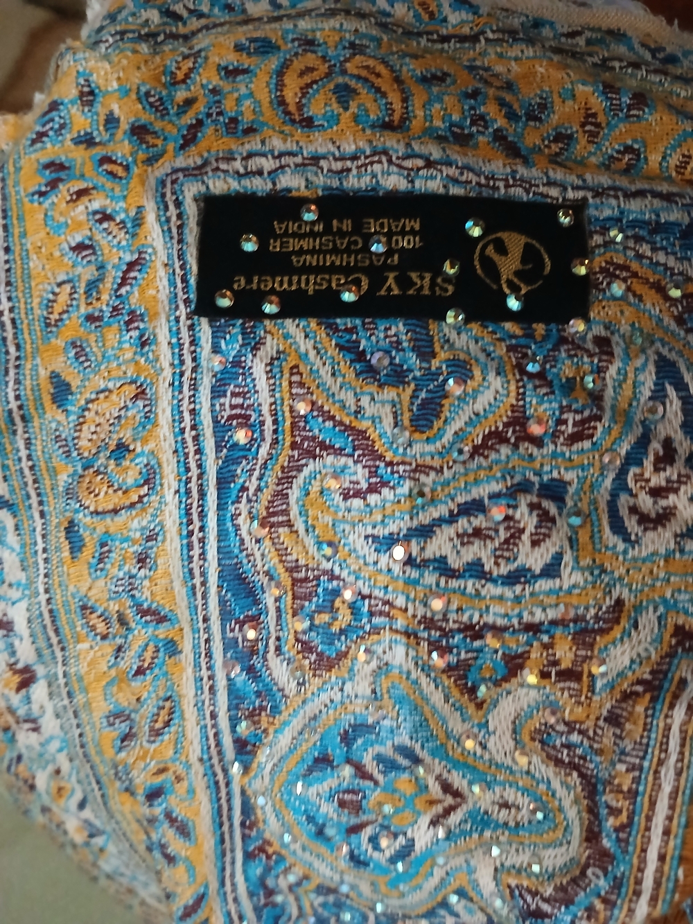 Sky Cashmere Pashima Paisley Shawl  - Blue & Gold With Rhinestones 78 in. Long